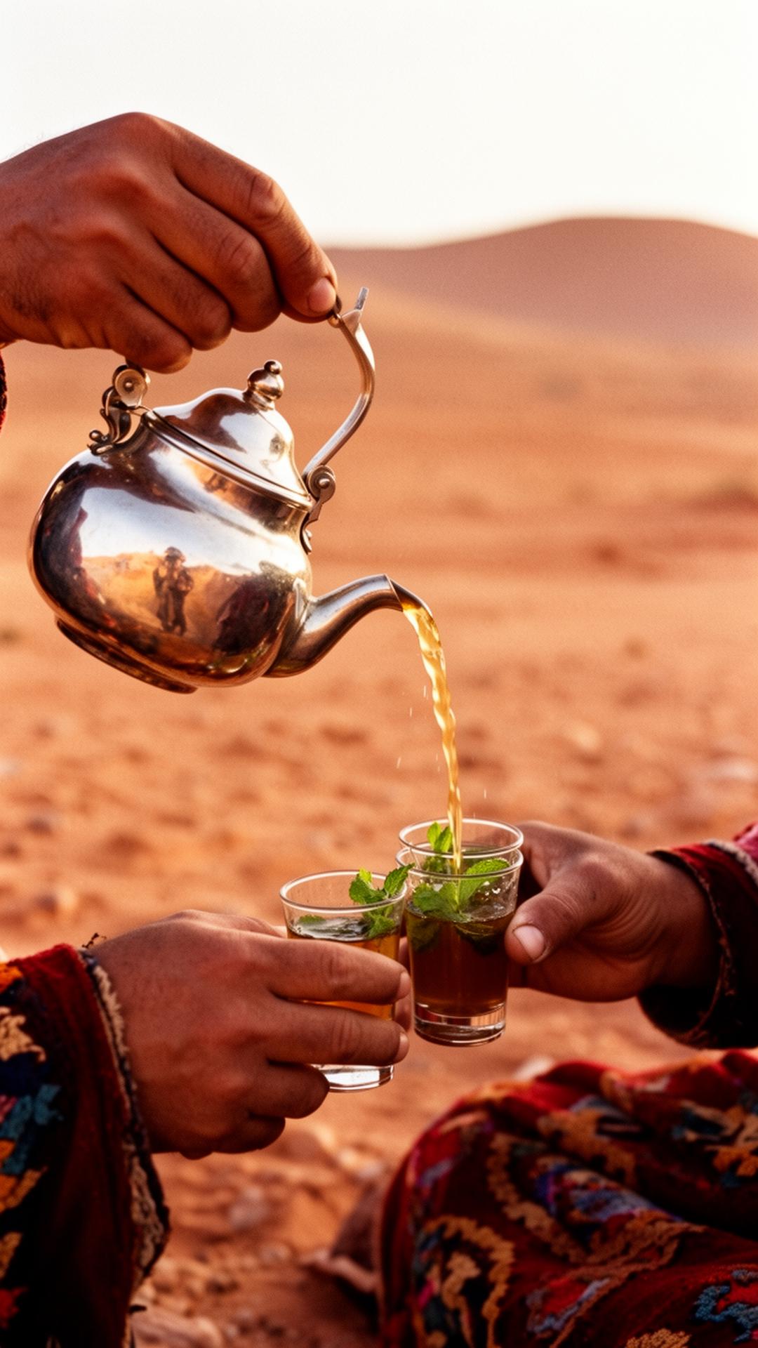 Mains versant le thé à la menthe en haute altitude, palmeraie en arrière-plan
